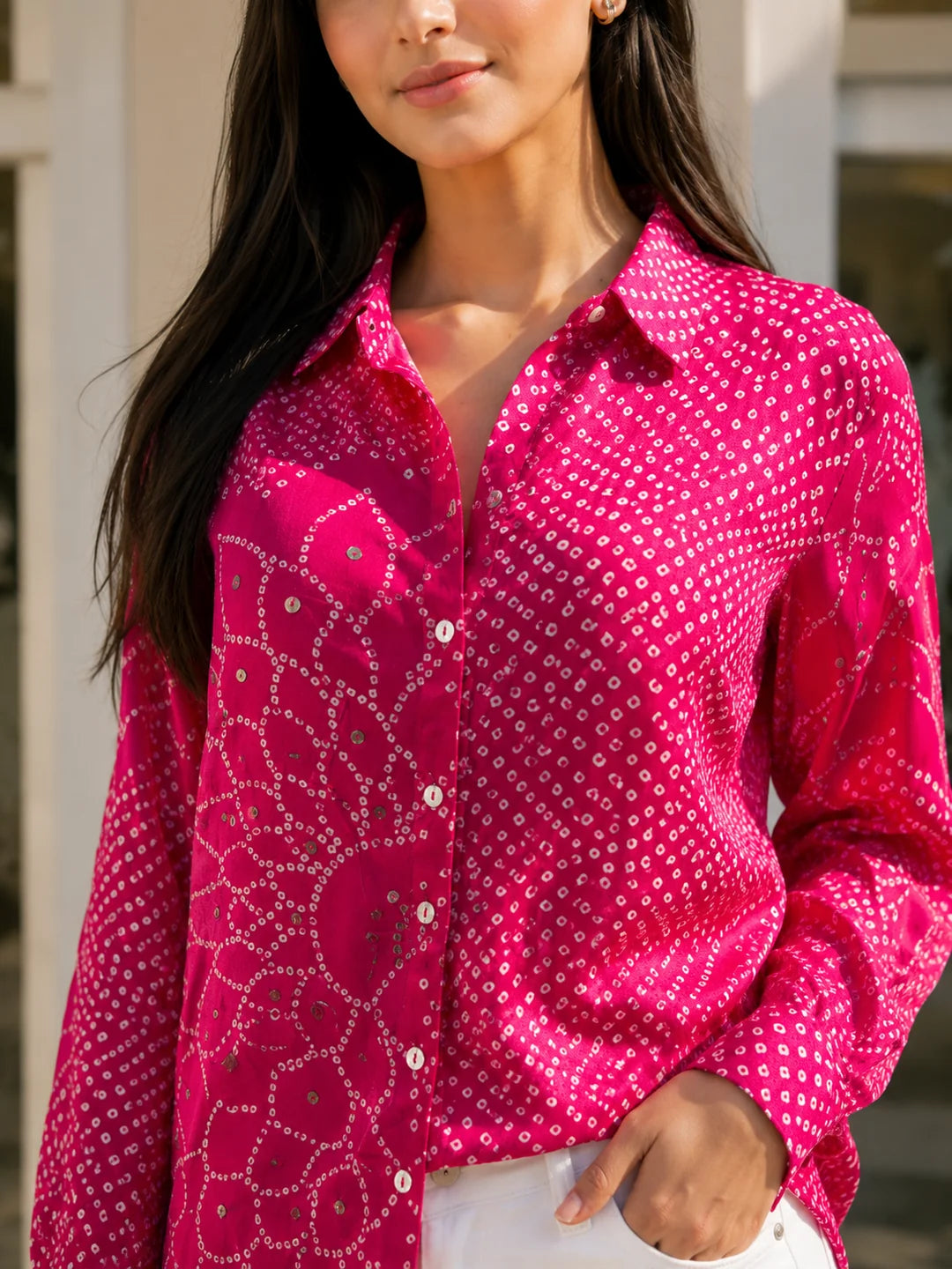 Pink Bandhani Mandala Printed Shirt in Crepe