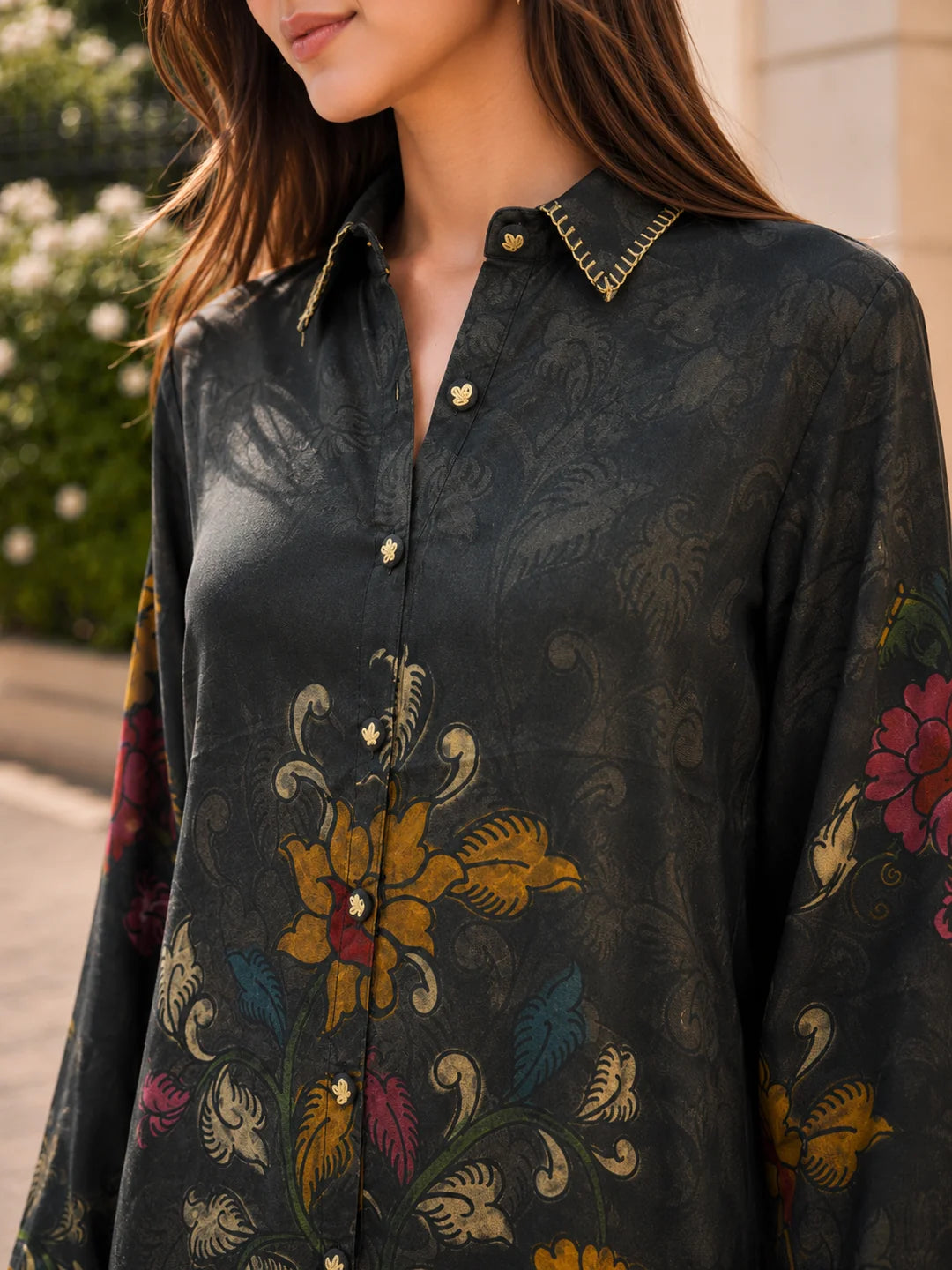 Black Floral Printed Shirt in Muslin