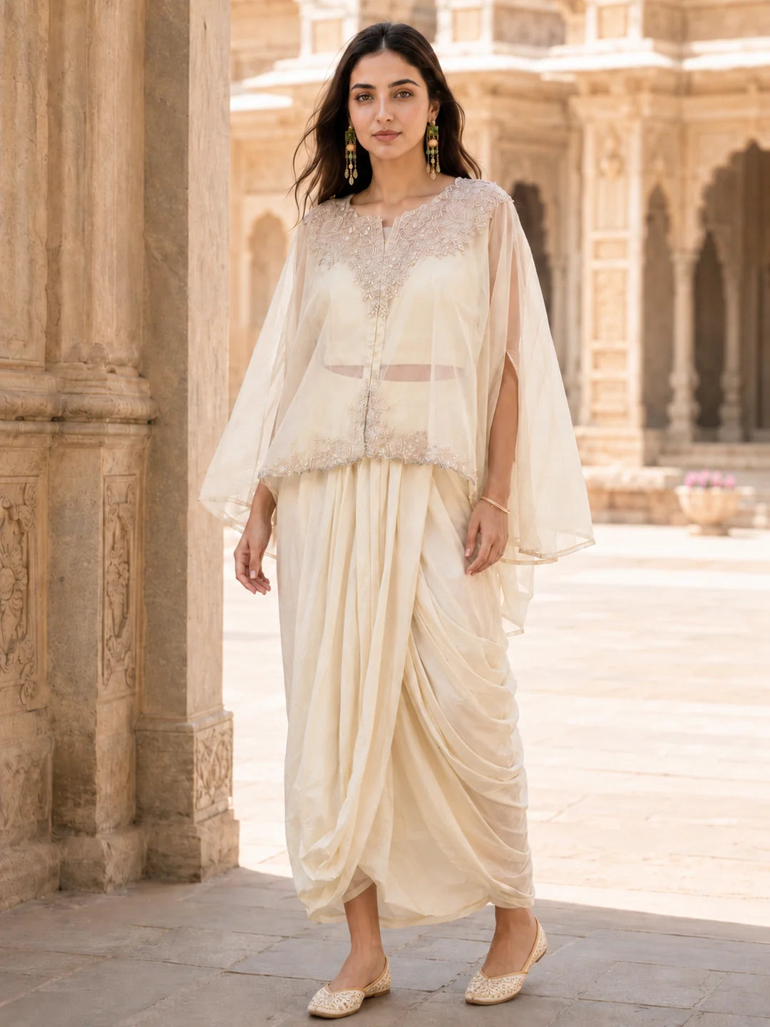Cream 3 Pc Fusion Cape & Dhoti Skirt Set in Crepe
