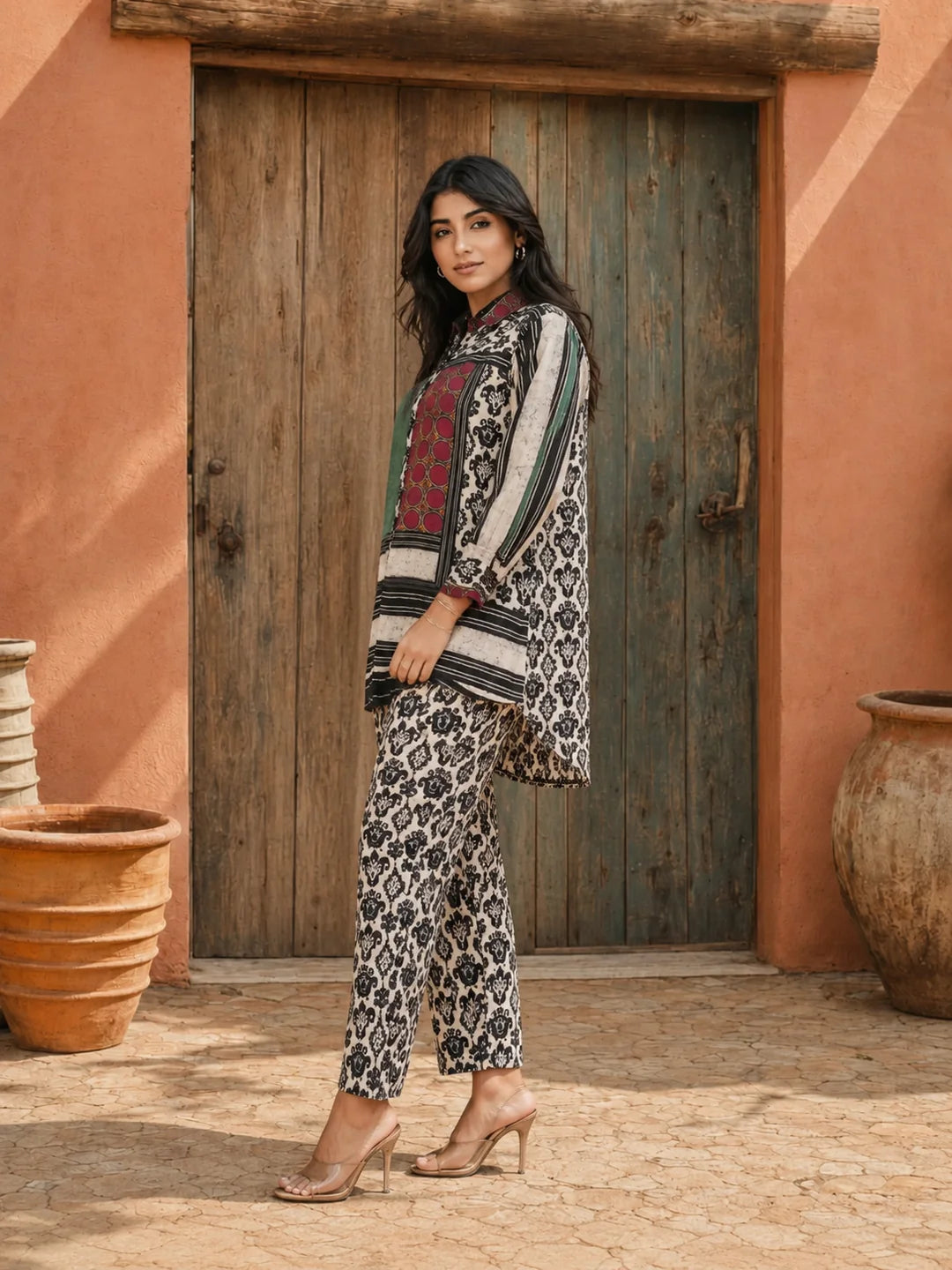 Cream Base Multi-Floral Placement Print Co-Ord Set in Muslin