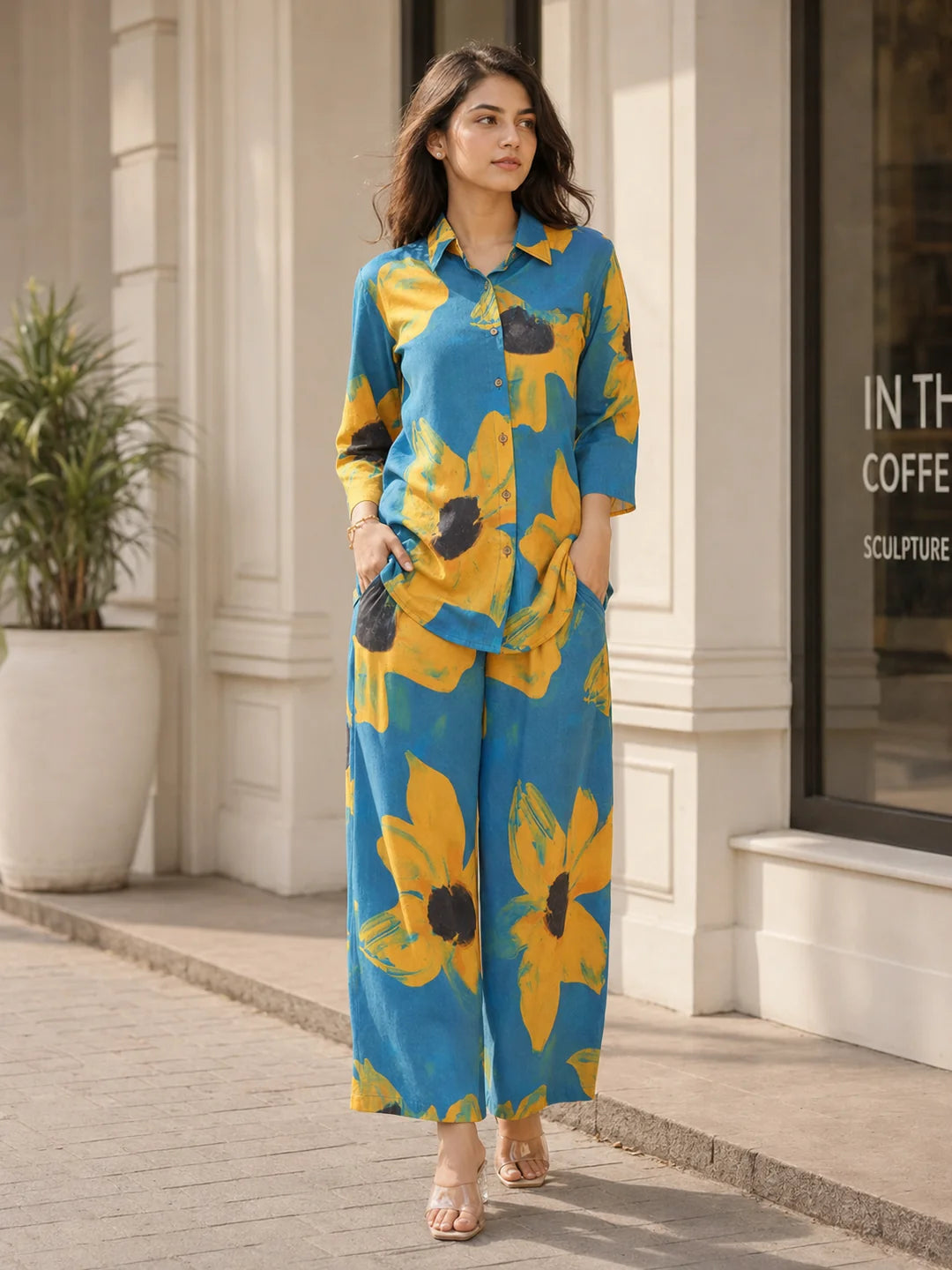 Sunflower Motif Shirt Collar Co-ord Set in Cotton Cambric
