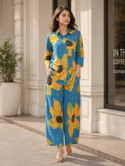 Sunflower Motif Shirt Collar Co-ord Set in Cotton Cambric