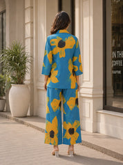 Sunflower Motif Shirt Collar Co-ord Set in Cotton Cambric