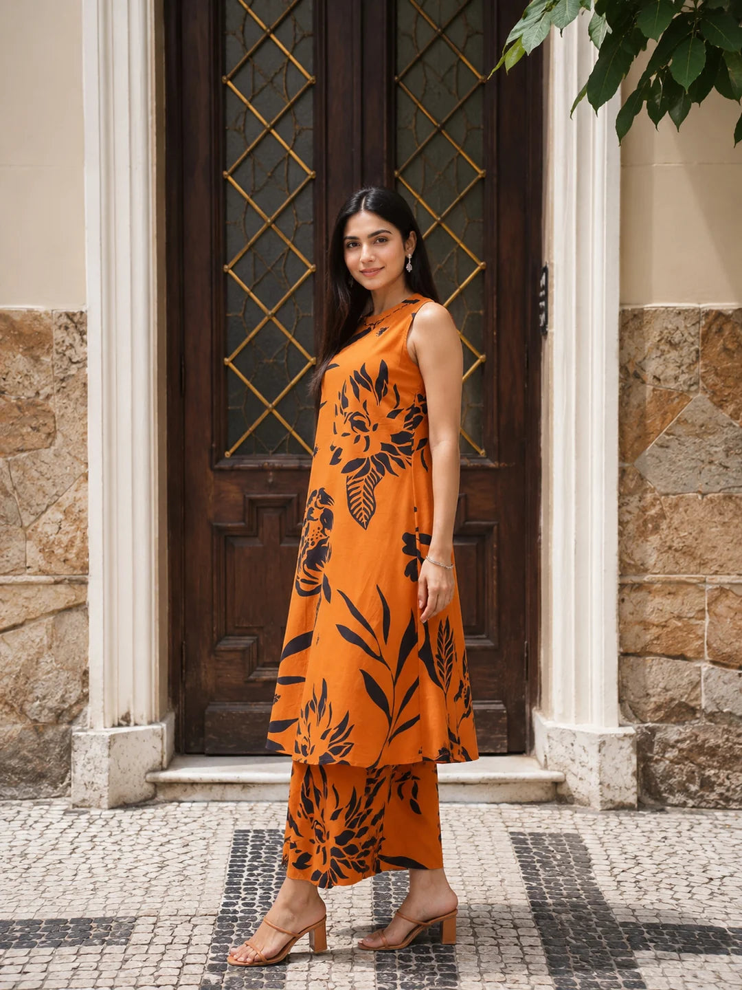 Orange & Black Bold Floral Beaded Ethnic Kurta Pant Set