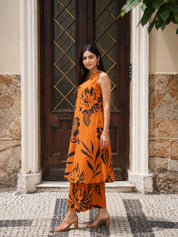 Orange & Black Bold Floral Beaded Ethnic Kurta Pant Set