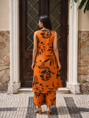 Orange & Black Bold Floral Beaded Ethnic Kurta Pant Set