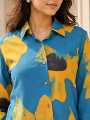 Sunflower Motif Shirt Collar Co-ord Set in Cotton Cambric