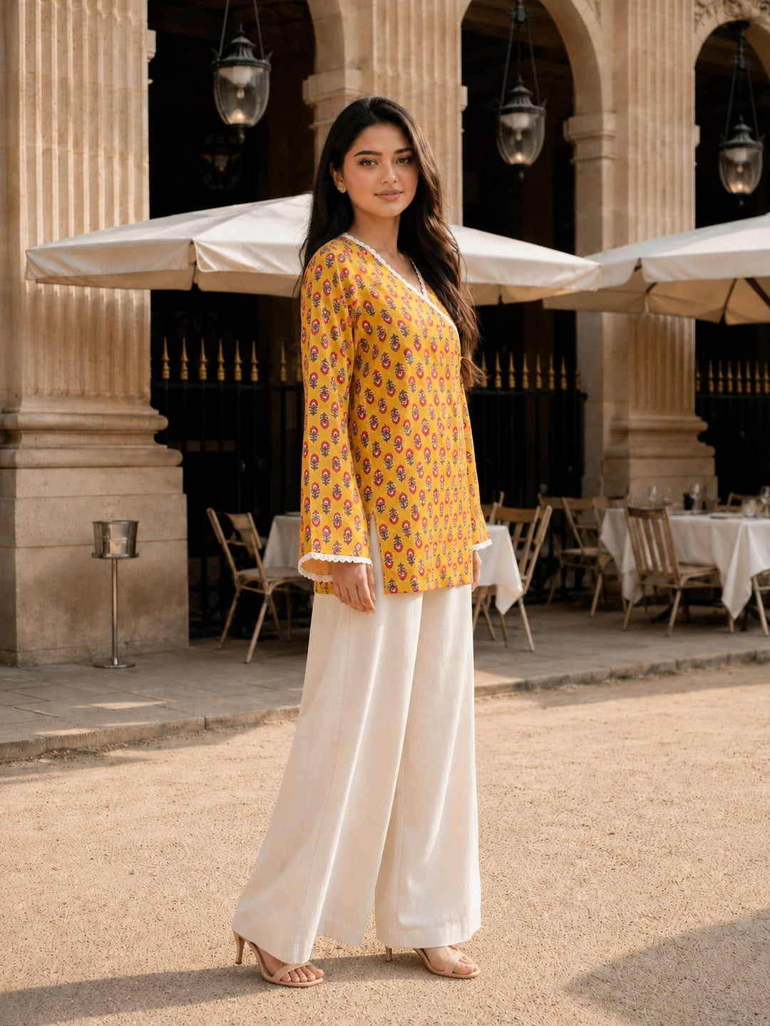 Yellow Floral Buti Printed Angrakha Style Short Kurti in Cotton