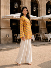 Yellow Floral Buti Printed Angrakha Style Short Kurti in Cotton