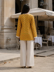 Yellow Floral Buti Printed Angrakha Style Short Kurti in Cotton
