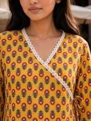 Yellow Floral Buti Printed Angrakha Style Short Kurti in Cotton