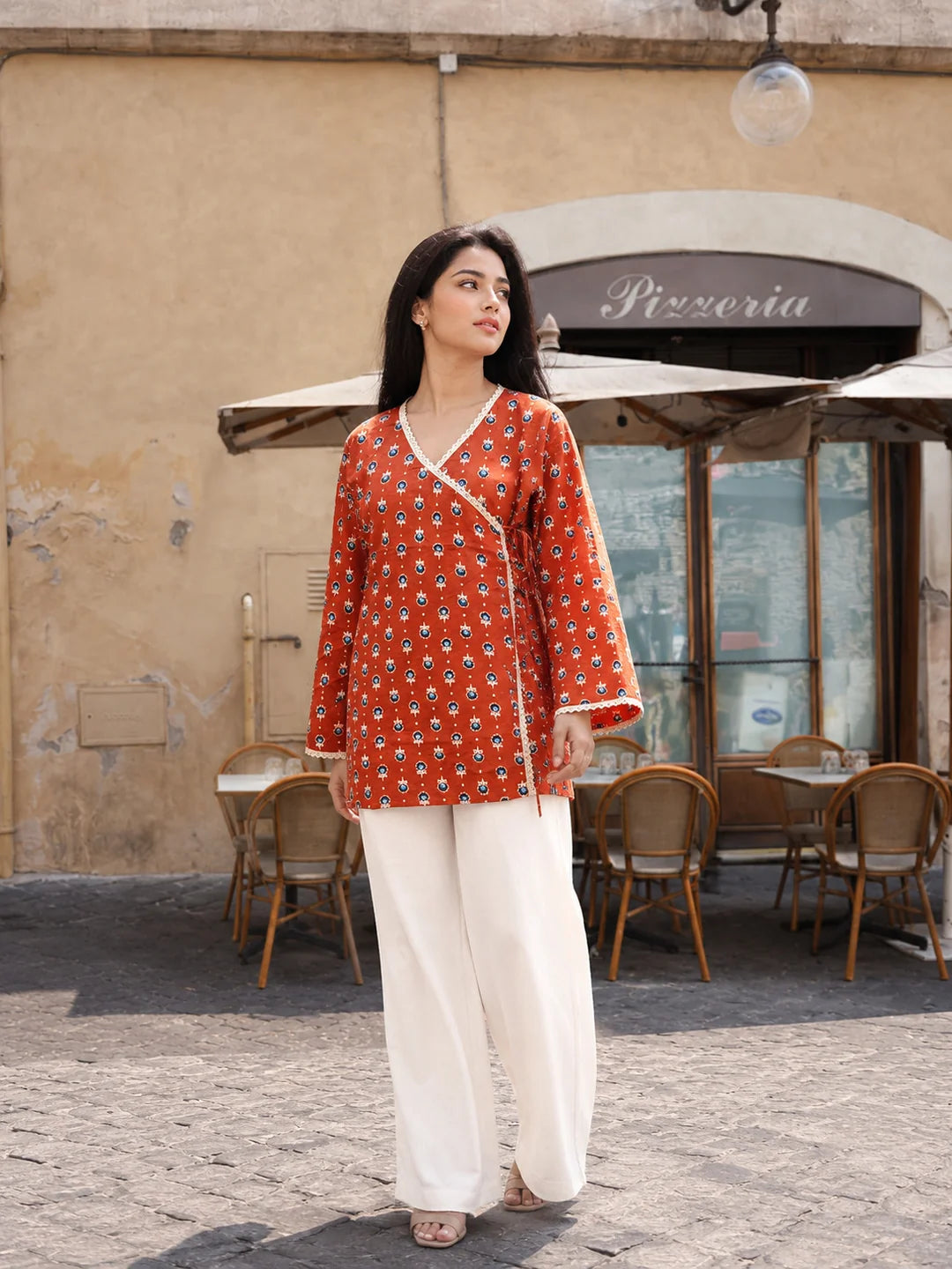 Brick Red Floral Buti Printed Angrakha Style Short Kurti in Cotton