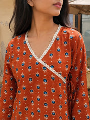 Brick Red Floral Buti Printed Angrakha Style Short Kurti in Cotton