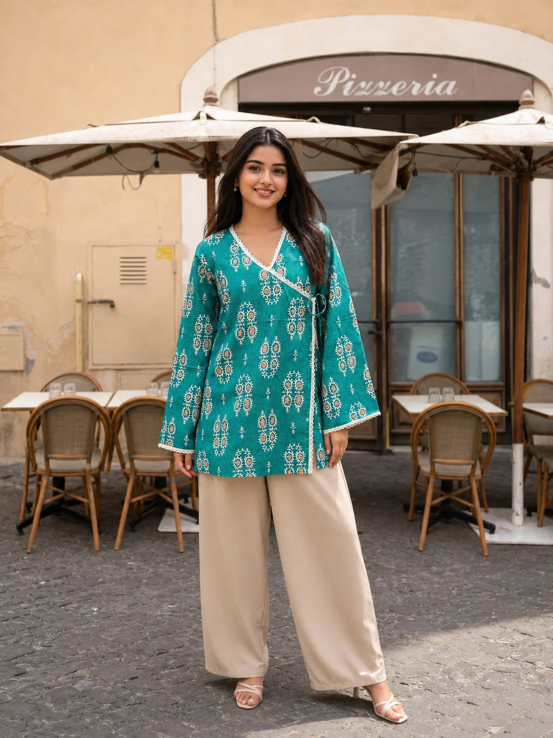 Green Angrakha Style Short Kurti in Cotton