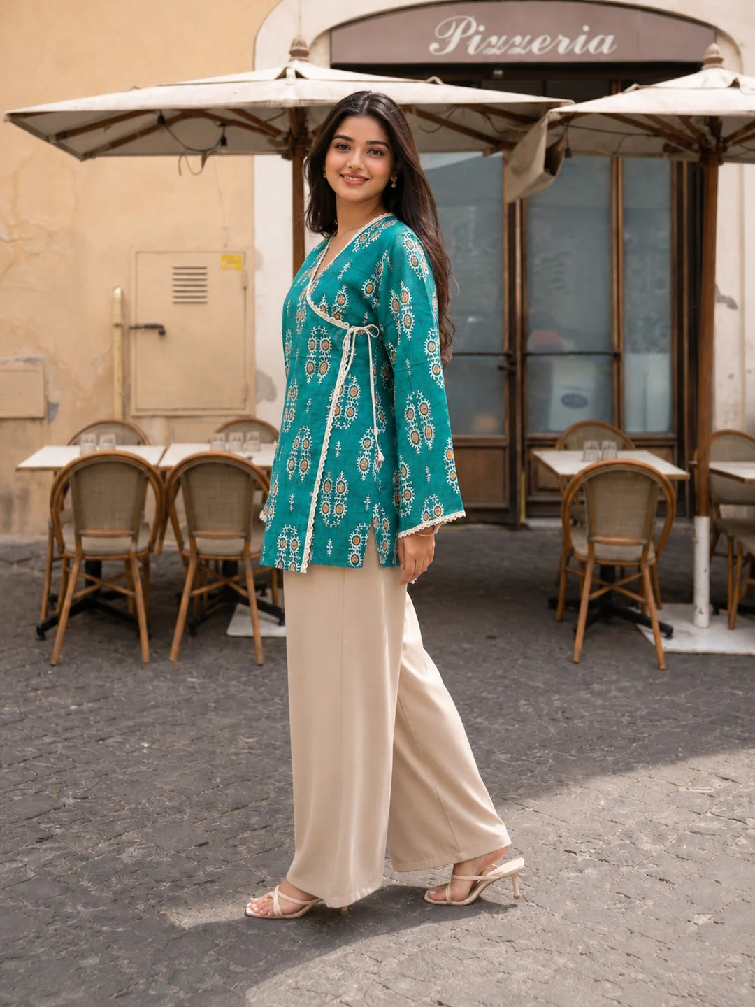 Green Angrakha Style Short Kurti in Cotton