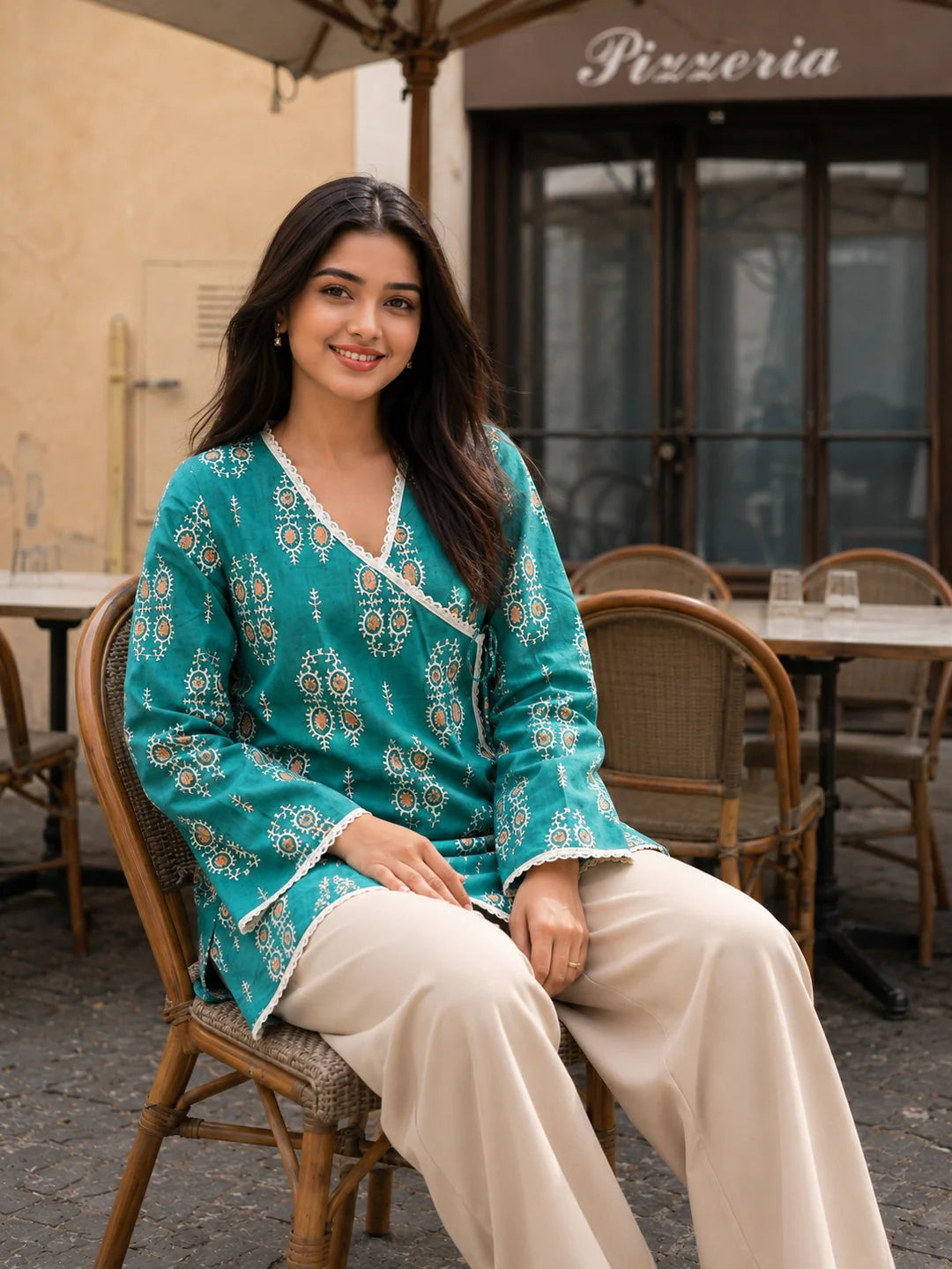 Green Angrakha Style Short Kurti in Cotton