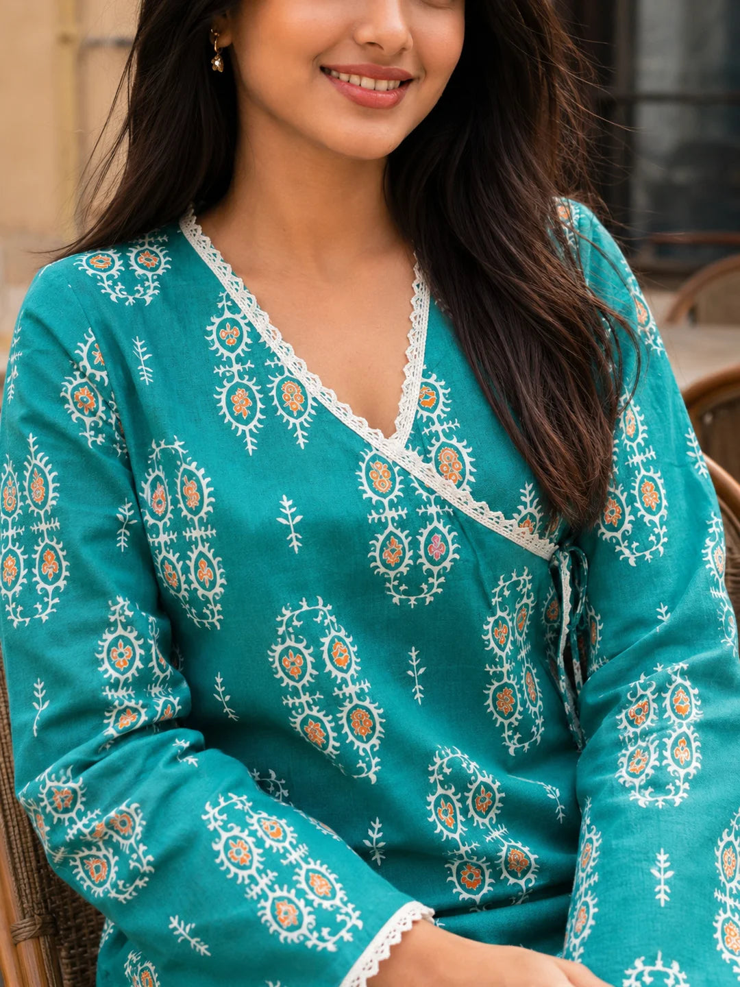 Green Angrakha Style Short Kurti in Cotton
