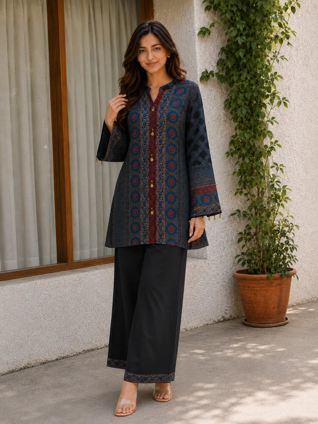 Navy Blue Multiprint Coord Set in Muslin