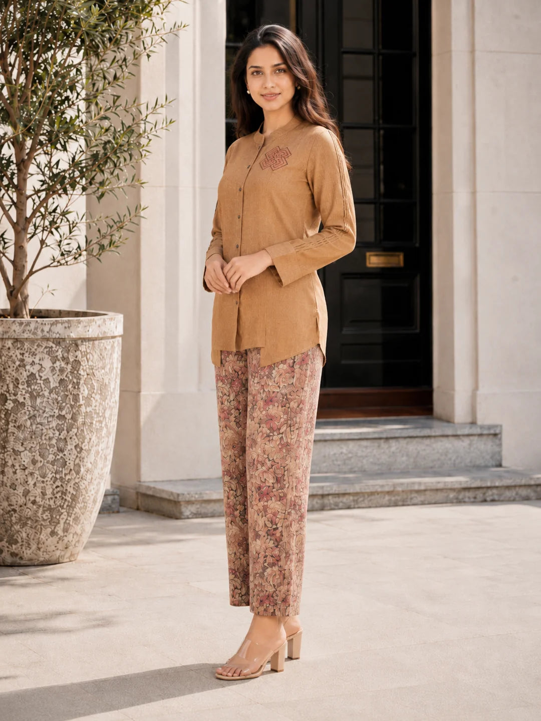 Mustard  Embroidered  Linen Cotton Blend Co-Ord Set