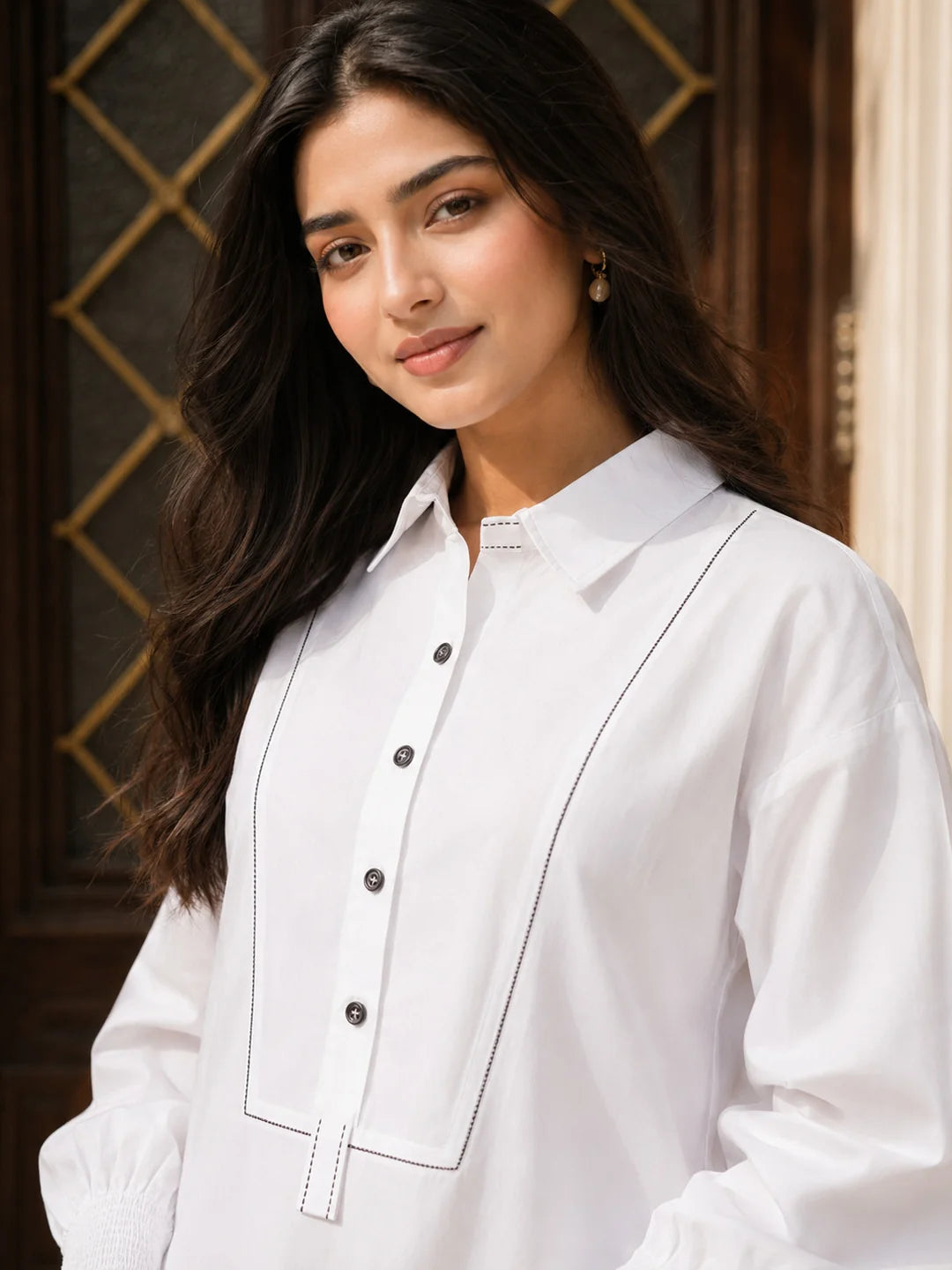 White Smock Cuff Detail Button-Front Cotton Poplin Dress