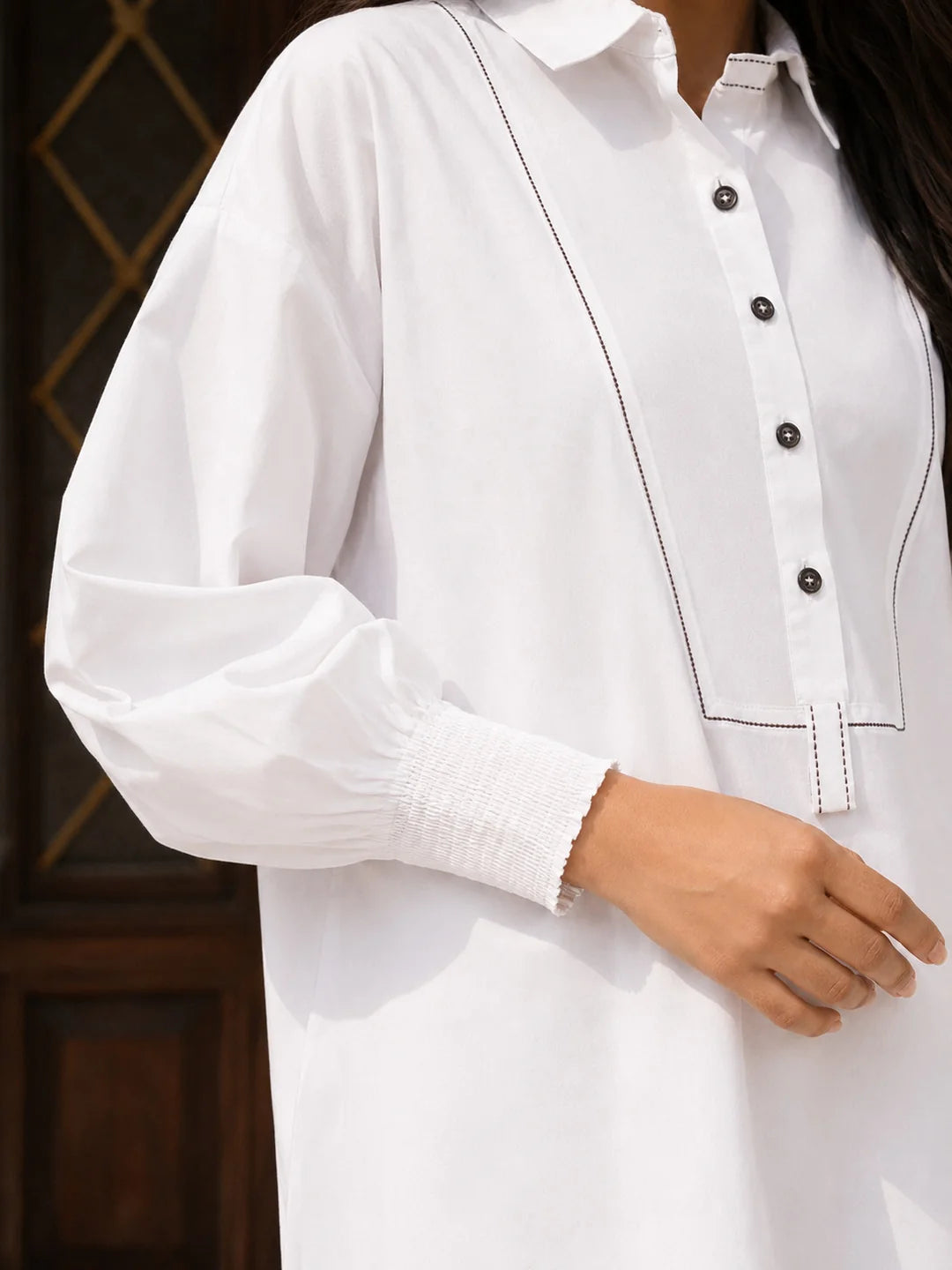 White Smock Cuff Detail Button-Front Cotton Poplin Dress