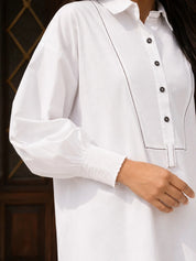 White Smock Cuff Detail Button-Front Cotton Poplin Dress
