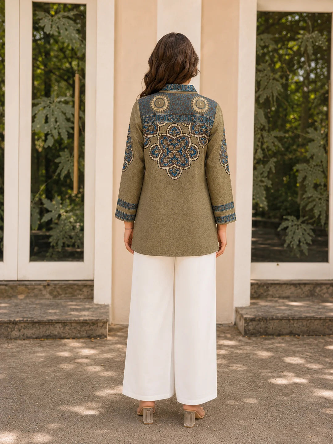 Olive Base Ajrakh Printed Shirt in Crepe