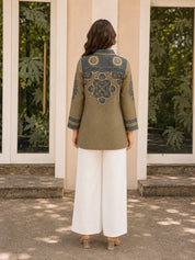 Olive Base Ajrakh Printed Shirt in Crepe