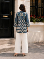 Blue and Beige Geometric Multi-Print Shirt in Crepe