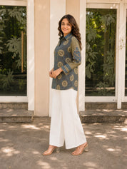 Olive Base Ajrakh Printed Shirt in Crepe