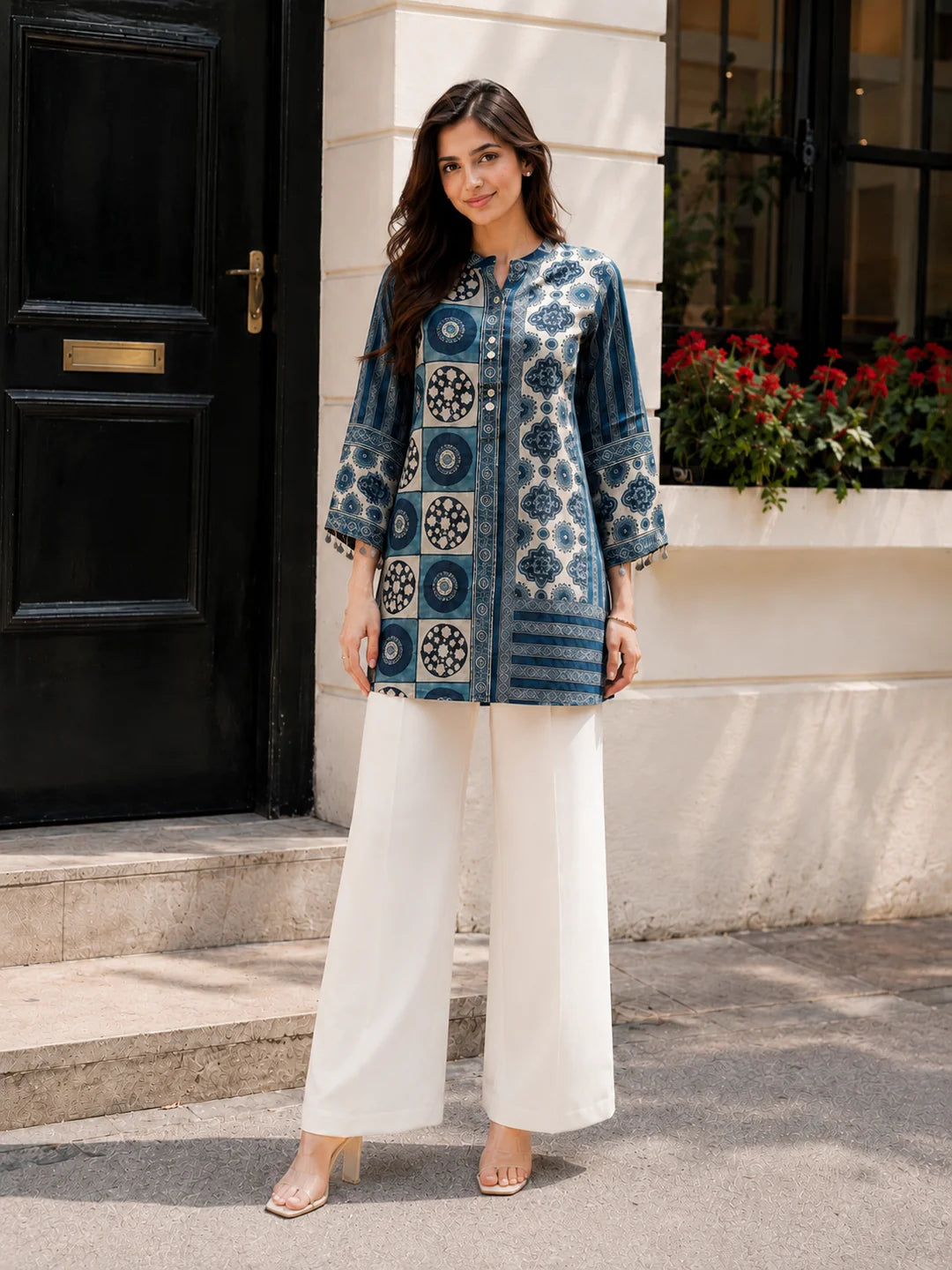 Blue and Beige Geometric Multi-Print Shirt in Crepe