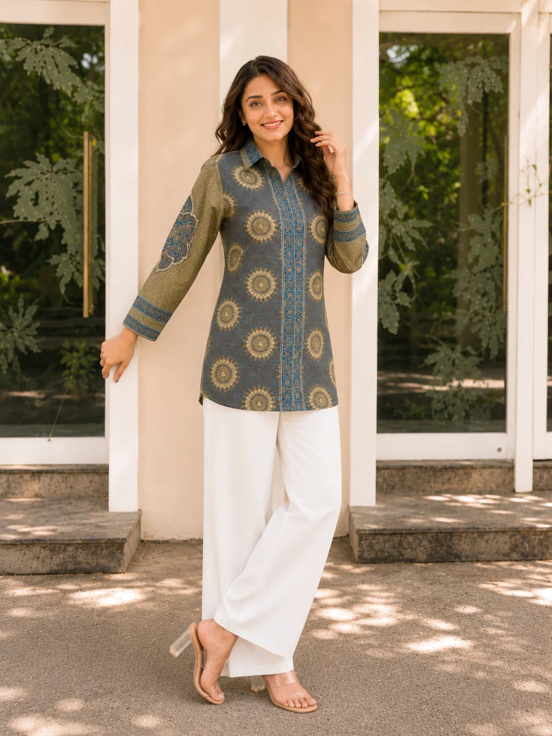 Olive Base Ajrakh Printed Shirt in Crepe