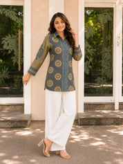 Olive Base Ajrakh Printed Shirt in Crepe