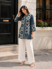 Blue and Beige Geometric Multi-Print Shirt in Crepe