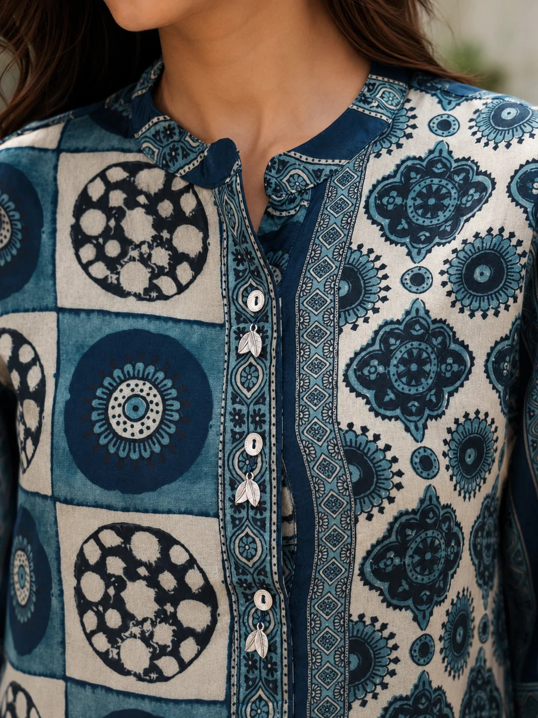 Blue and Beige Geometric Multi-Print Shirt in Crepe