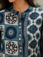 Blue and Beige Geometric Multi-Print Shirt in Crepe