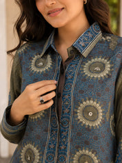 Olive Base Ajrakh Printed Shirt in Crepe