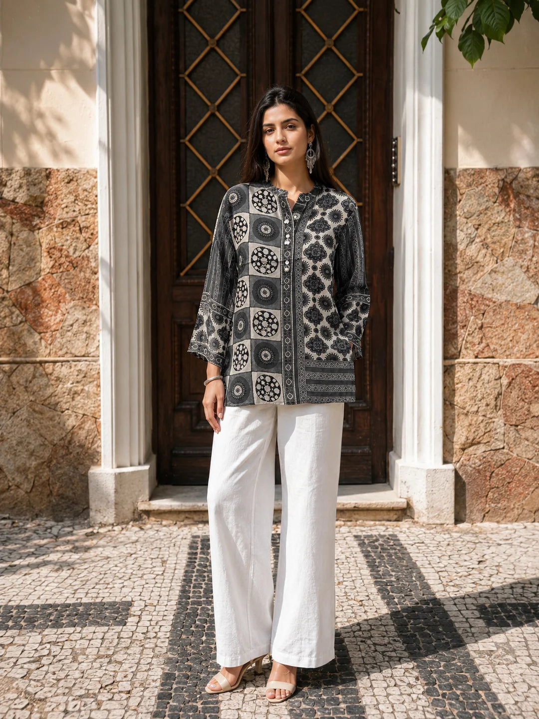 Olive Grey and Brown Geometric Multi-Print Shirt in Crepe