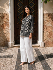 Olive Grey and Brown Geometric Multi-Print Shirt in Crepe
