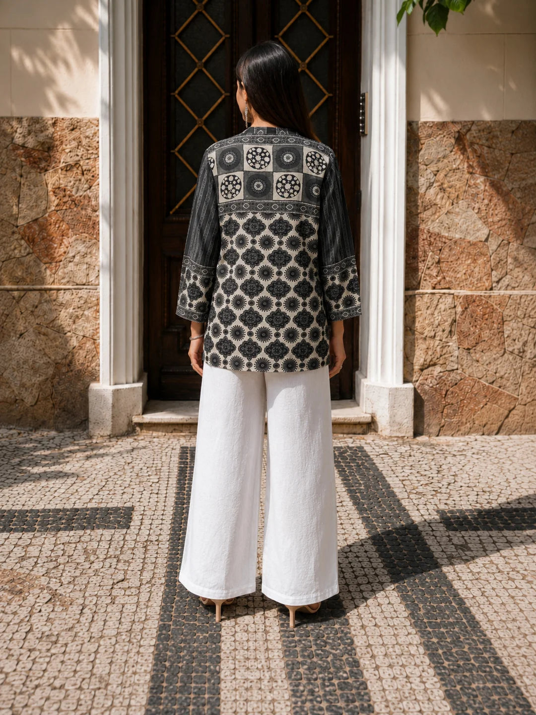 Olive Grey and Brown Geometric Multi-Print Shirt in Crepe