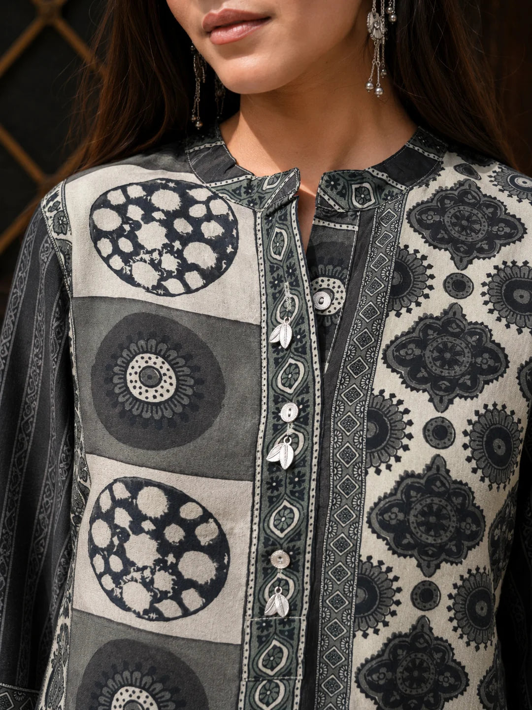 Olive Grey and Brown Geometric Multi-Print Shirt in Crepe