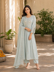 Mint Embroidered 3 Pc Anarkali Set in Mul Cotton