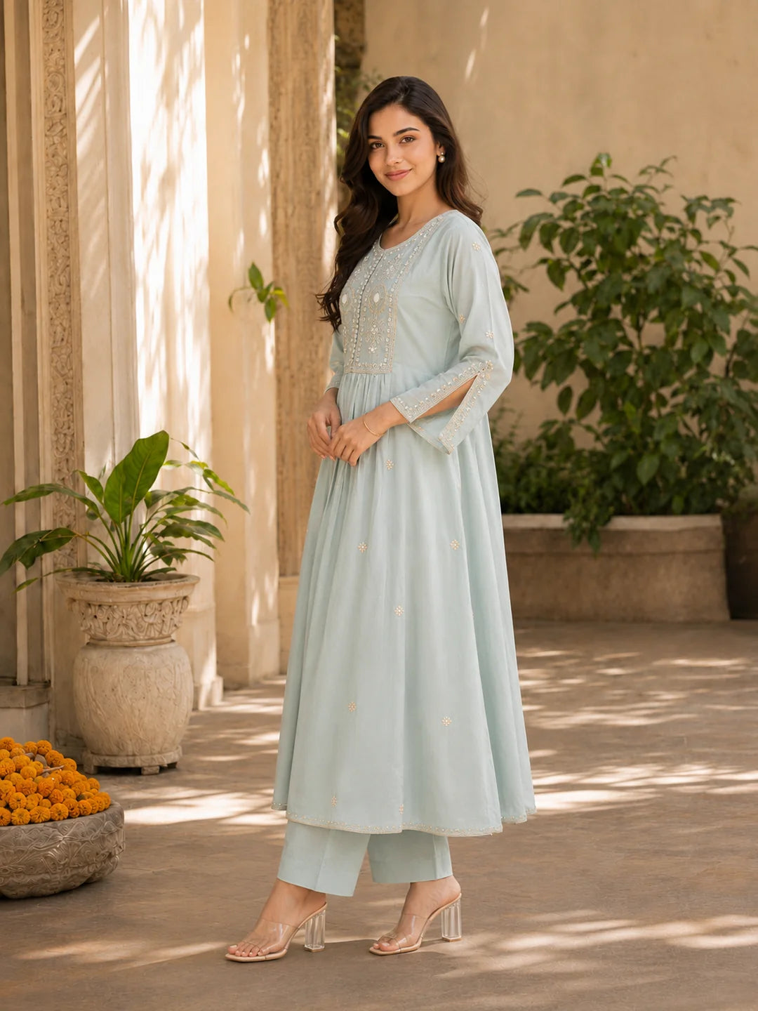 Mint Embroidered 3 Pc Anarkali Set in Mul Cotton