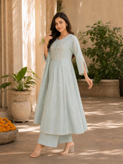 Mint Embroidered 3 Pc Anarkali Set in Mul Cotton