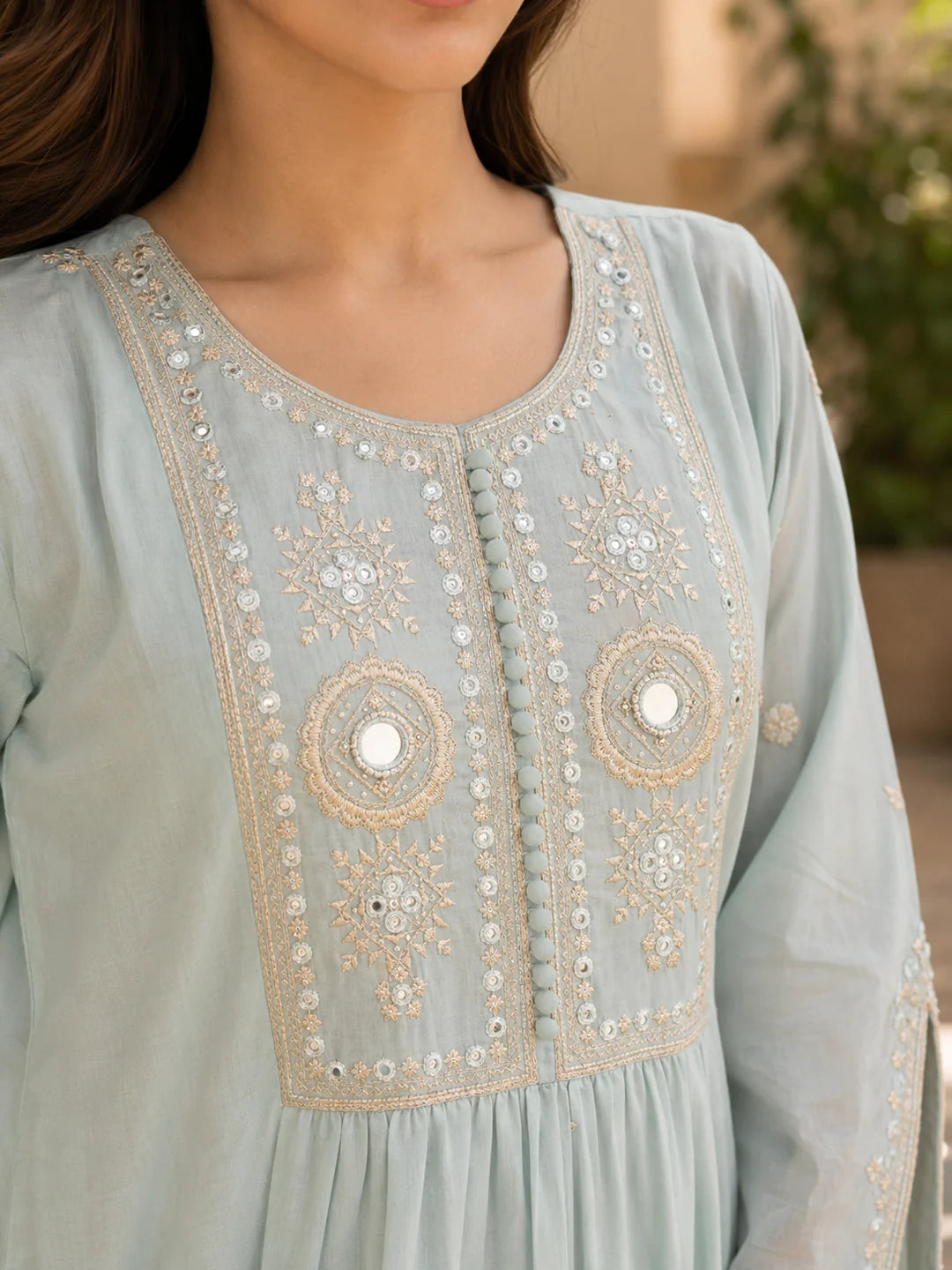 Mint Embroidered 3 Pc Anarkali Set in Mul Cotton