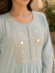 Mint Embroidered 3 Pc Anarkali Set in Mul Cotton