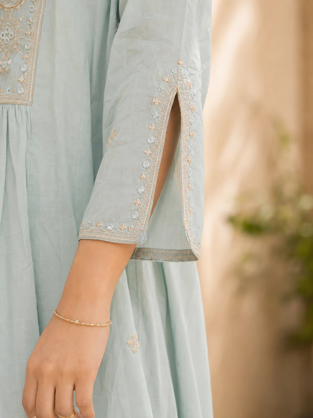 Mint Embroidered 3 Pc Anarkali Set in Mul Cotton