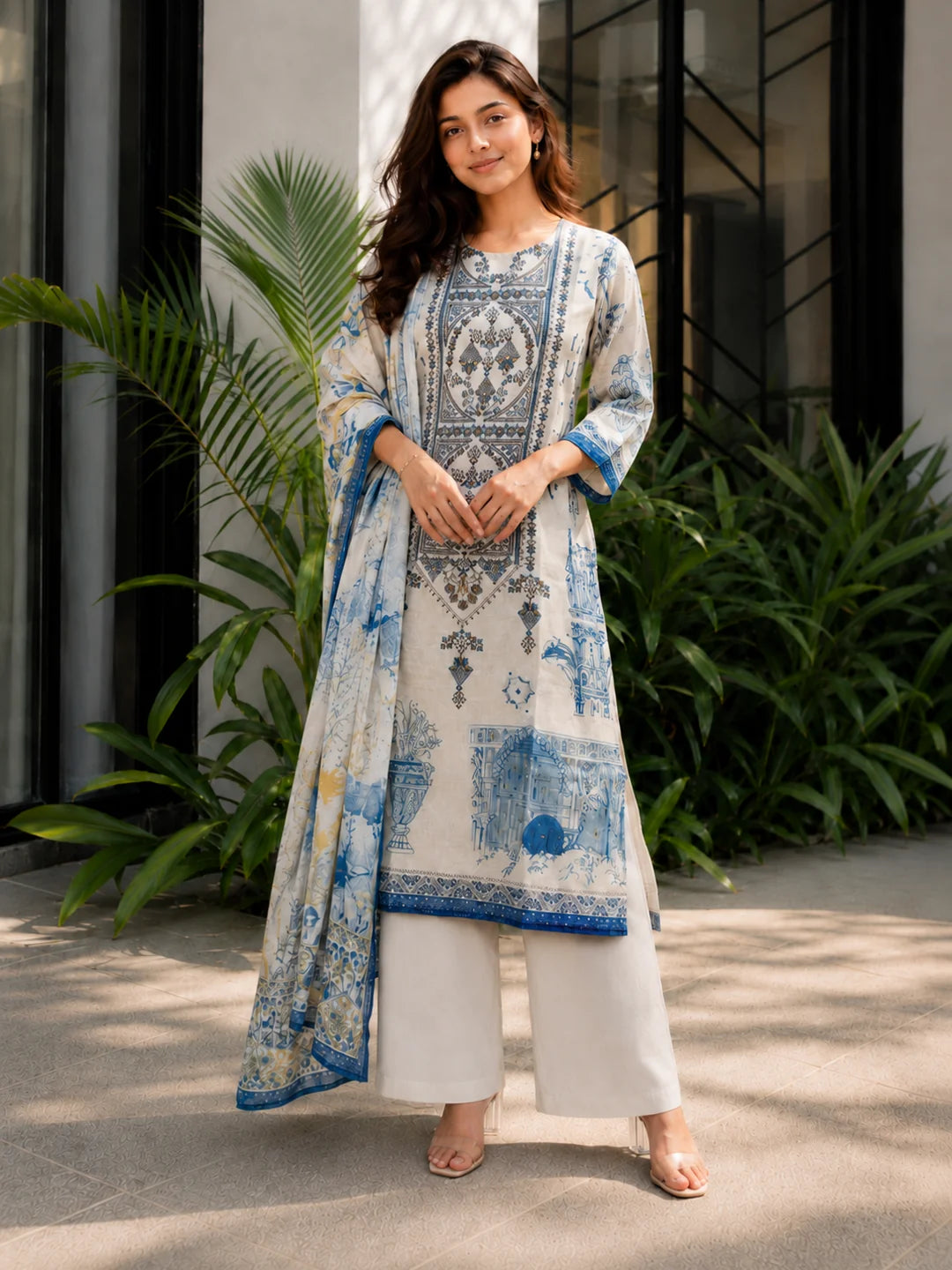 Blue & Ivory Embroidered 3 Pc Kurta Set in Mul Chanderi