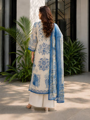 Blue & Ivory Embroidered 3 Pc Kurta Set in Mul Chanderi