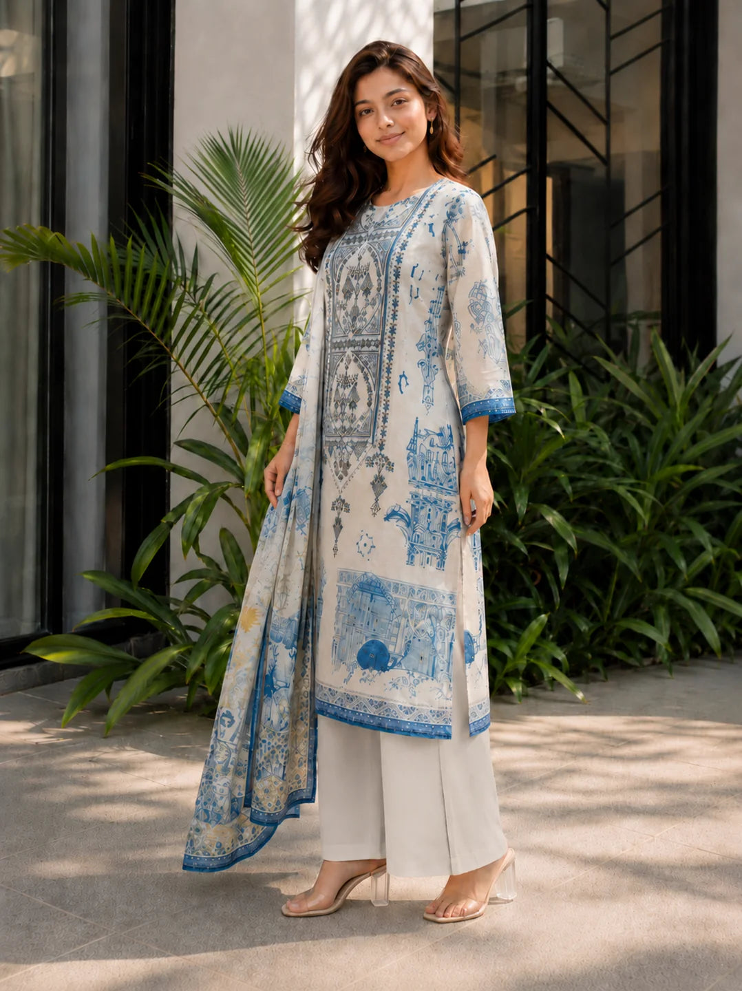 Blue & Ivory Embroidered 3 Pc Kurta Set in Mul Chanderi